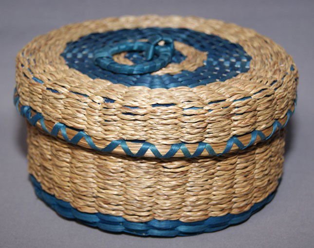 PASSMAQUODY BASKET: 1970s-80s hand woven, 3" x 6.25"Shipping charge on this item is $10.00.Unless noted all items have some amount of acceptable wear, scratches, nicks, missing stitches, ect. for their age. Measurements