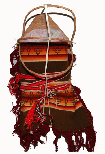 PUEBLO CRADLE BOARD: 1970s with Pendleton blanket has moth damage, 22" x 13" x 14" Shipping charge on this item is $10.00. Unless noted all items have some amount of acceptable wear, scratches, nicks, missing stitches, ec