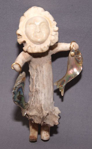 ZUNI ANTLER FETISH: 1990s hand carved with abalone fish 3.75" x 2" x 1.5" Shipping charge on this item is $10.00. Unless noted all items have some amount of acceptable wear, scratches, nicks, missing stitches, ect. for t