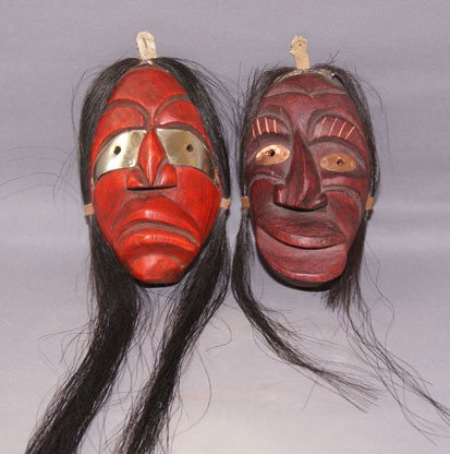 TWO MINI IROQUOIS MASKS: 1950s both are false face society one has copper eyes one has tin eyes, 6" x 4" & 5.5" x 3.5" Shipping charge are for the United States. The shipping on this lot is $10.00. Outside the United States t