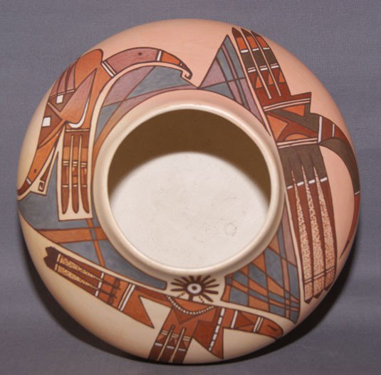 NAVAJO/HOPI POTTERY JAR: 1980s multi-colored stylized bird design by Nathan B, 3.5" x 7" Shipping charge are for the United States. The shipping on this lot is $10.00. Outside the United States there will be additional shippi