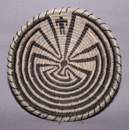 PIMA HORSEHAIR BASKET: 1970s man in the maze design has damage on rim, 4.25" x 1" Shipping charge are for the United States. The shipping on this lot is $10.00. Outside the United States there will be additional shipping fe