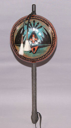 APACHE RATTLE: 2002 hand-painted signed Robert Rivera, 15" x 6" x 3" Shipping charge are for the United States. The shipping on this lot is $20.00. Outside the United States there will be additional shipping fees. U
