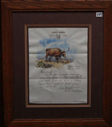 WESTERN LETTER: 1978 with original water color signed Jim Boren to Snuff Garret, 11" x 8" Shipping charge are for the United States. The shipping on this lot is $20.00. Outside the United States there will be additio