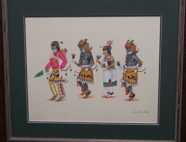 SAN ILDEFONSO WATERCOLOR: 1960s-70s original watercolor signed Ma-Wholo-Peen for Ralp Roybal, 13.5" x 17" Shipping charge are for the United States. The shipping on this lot is $20.00. Outside the United States there will be a