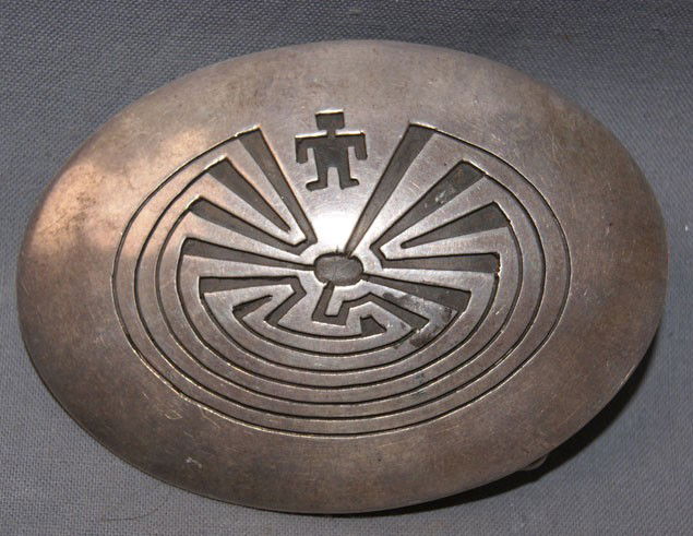 NAVAJO BUCKLE: 1970s sterling Silver man in the maze design Hopi style signed B.B, 2" x 3" Shipping charge are for the United States. The shipping on this lot is $10.00. Outside the United States there will be addit