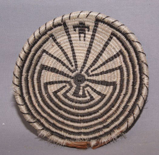 PAPAGO BASKET: 1970s woven horsehair man in maze design with minor damage, 4" diameter Shipping charge are for the United States. The shipping on this lot is $10.00. Outside the United States there will be additiona