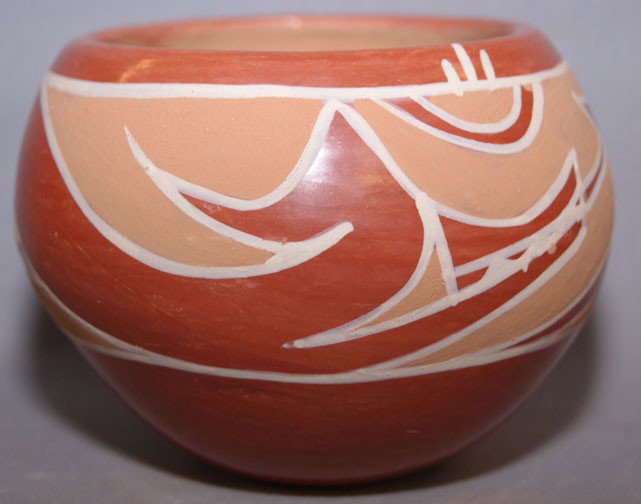 SANTA CLARA POTTERY BOWL: 1980s buff on red white out line has minor rubbing signed Maria 3.5"x4.5" Shipping charge are for the United States. The shipping on this lot is $10.00. Outside the United States there will be additio