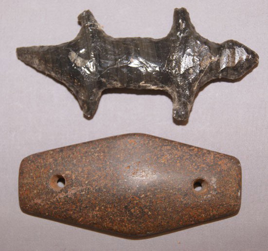 TWO STONE ITEMS: age unknown out of California collection, largest 5" long Shipping charge are for the United States. The shipping on this lot is $10.00. Outside the United States there will be additional shipping fee