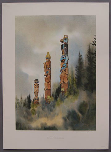 NORTH WEST COAST PRINT: 1970's of totems hand signed by artist, 18" X 12.5" Shipping charge are for the United States. The shipping on this lot is $30.00. Outside the United States there will be additional shipping fees. Unl