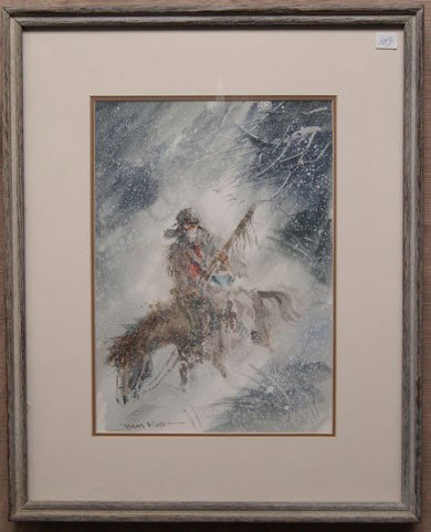 WESTERN WATERCOLOR: 1980's mountain man on horse back in storm signed Paul Kuo, 14" X 10" Shipping charge are for the United States. The shipping on this lot is $30.00. Outside the United States there will be additional 
