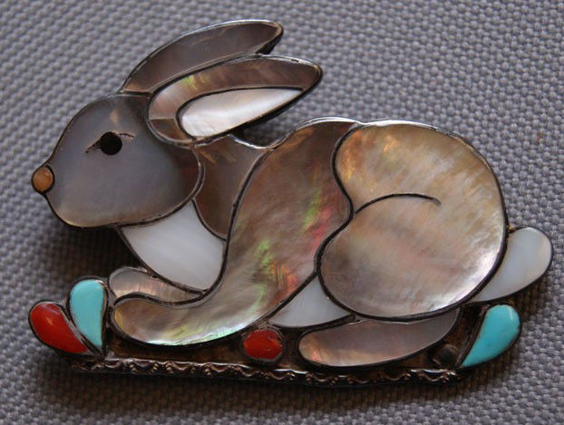 ZUNI RABBIT PIN: 1960s sterling silver with abalone turquoise and coral 1.5" x 2.25" Shipping charge are for the United States. The shipping on this lot is $10.00. Outside the United States there will be additional sh