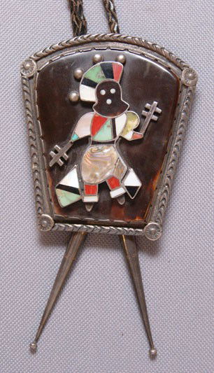 ZUNI BOLO TIE: 1940s Sterling with turquoise coral jet and abalone inlaid crown dancer 3.25" x 2.75" Shipping charge are for the United States. The shipping on this lot is $10.00. Outside the United States there wil