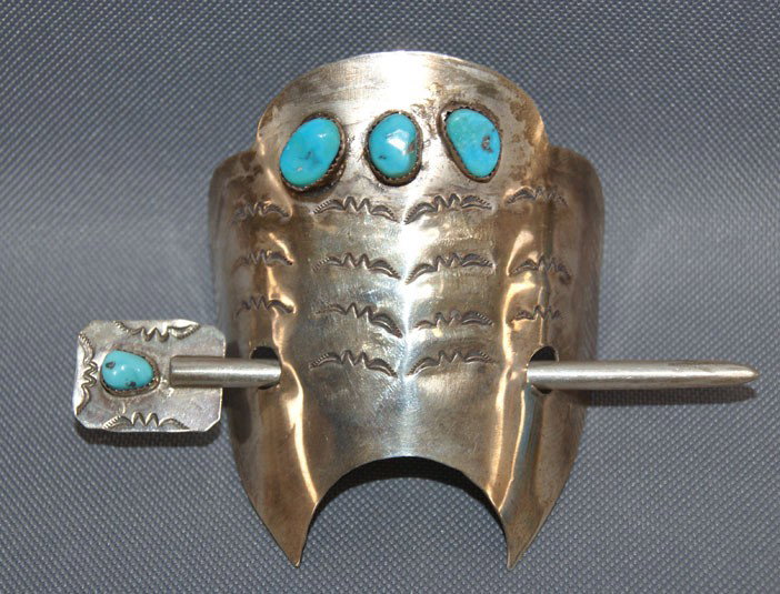 NAVAJO BARRETTE: 1960s 70s sterling silver stamped design with turquoise, 3" x 3" Shipping charge on this item is $10.00. Unless noted all items have some amount of acceptable wear, scratches, nicks, missing stitches,
