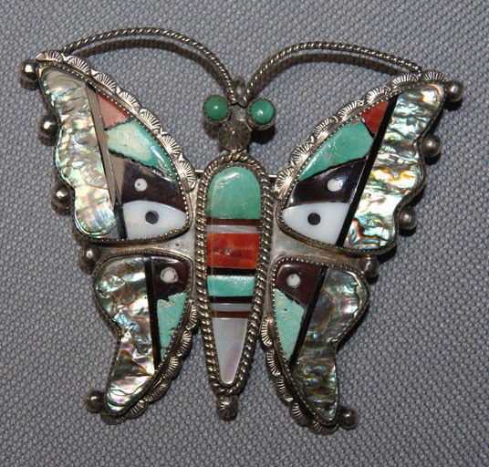 ZUNI SILVER PIN: 1980s butterfly stone the stone inlay turquoise, jet abalone and spiny oyster signed Lenard Martza, 2.5" x 3" Shipping charge are for the United States. The shipping on this lot is $10.00. Outside the
