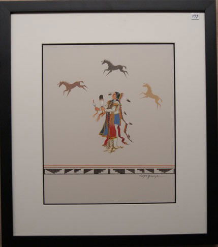 COMANCHE TEMPERA: 1950s 60s original of plains dancer by Doc Tate Nevaquaya, 16.5" x 13.5" Shipping charge are for the United States. The shipping on this lot is $40.00. Outside the United States there will be addition
