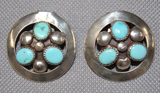 SILVER EARRINGS: 1970s turquoise setting clip on style signed with logo for Frank Fantana, 1" diameter Shipping charge are for the United States. The shipping on this lot is $10.00. Outside the United States there wil