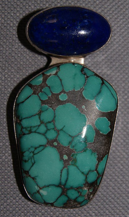 NAVAJO PIN: contemporary sterling silver, turquoise and lapis signed WS VY, 2.25" x 1.25" Shipping charge are for the United States. The shipping on this lot is $10.00. Outside the United States there will be add