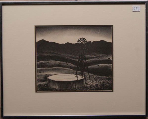 PETER HURD WESTERN PRINT: 1960s of windmill and water tank signed Peter Hurd 8" x 10" Shipping charge are for the United States. The shipping on this lot is $10.00. Outside the United States there will be additional shipping f