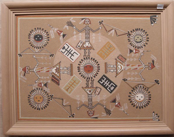 SANTA CLARA EARTH PAINTING: 1970s 80s depicting sand painting signed Pablita Velarde has minor rubbing 17" x 23" Shipping charge are for the United States. The shipping on this lot is $40.00. Outside the United States there will