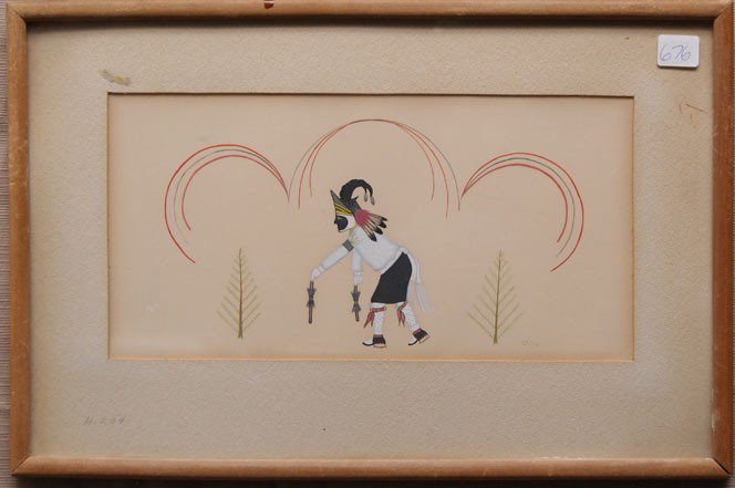 PUEBLO WATERCOLOR: 1930s Santa Fe Indian school of Bighorn sheep Kachina has matte burn signed E Silva 6.5" x 12.5" Shipping charge are for the United States. The shipping on this lot is $40.00. Outside the United State