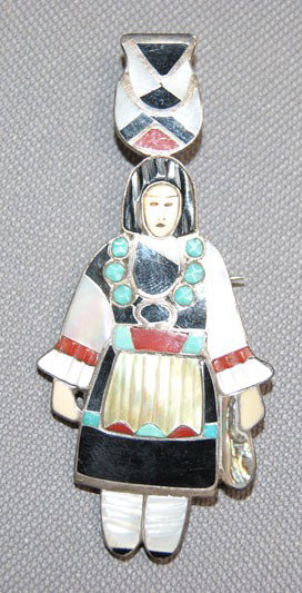ZUNI PIN: 1960s 70s mother-of-pearl, turquoise, coral and jet inlaid of pot carrier set in sterling silver 3.25"x 1.5" Shipping charge are for the United States. The shipping on this lot is $10.00. Outside the 