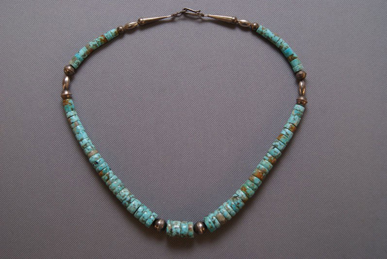 NAVAJO NECKLACE: 1970s 80s sterling silver and turquoise beads 21" long Shipping charge are for the United States. The shipping on this lot is $10.00. Outside the United States there will be additional shipping fees. 