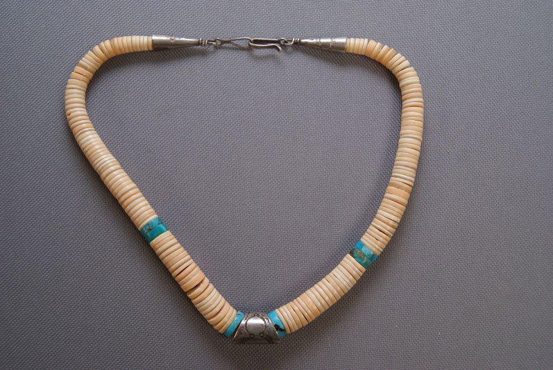 NAVAJO NECKLACE: 1970s 80s shell turquoise and sterling silver beads 16 inches long Shipping charge are for the United States. The shipping on this lot is $10.00. Outside the United States there will be additional shi
