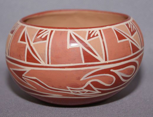 SAN ILDEFONSO POTTERY BOWL: 1980s Polychrome matte on red 2.5" x 4" Shipping charge are for the United States. The shipping on this lot is $10.00. Outside the United States there will be additional shipping fees. Unless noted al