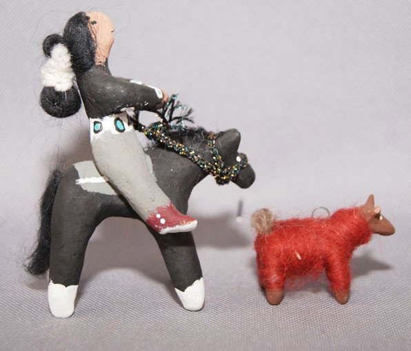 TWO POTTERY PIECES OF NAVAJO FOLK ART: contemporary sheep 1" x 1.75" woman on horseback 3.5" x 3" Shipping charge are for the United States. The shipping on this lot is $10.00. Outside the United States there will be additional shipping fe
