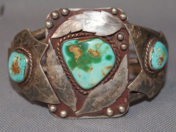 NAVAJO BRACELET: 1970s 80s Sterling silver three turquoise stones 2"x 6.25" x 1.25" Shipping charge are for the United States. The shipping on this lot is $10.00. Outside the United States there will be additional shi