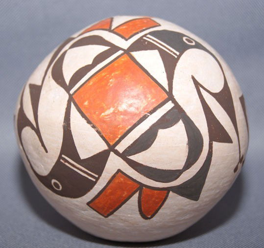 ACOMA POTTERY SEED JAR: 1960s polychrome bird design signed Lucy M Lewis 4" x 4.5" Shipping charge are for the United States. The shipping on this lot is $10.00. Outside the United States there will be additional shipping fe