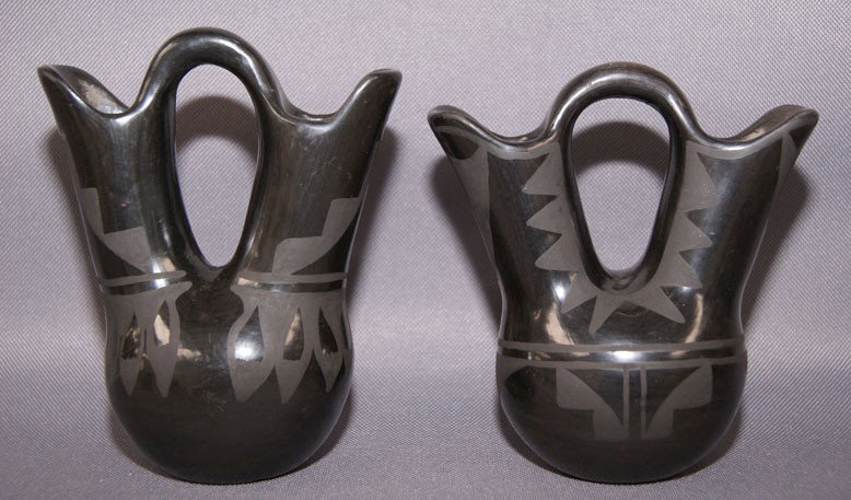 2 TESUQUE POTTERY WEDDING VASES: 1970s 80s matte on black design 5" x 5" x 3" Shipping charge are for the United States. The shipping on this lot is $10.00. Outside the United States there will be additional shipping fees. Unless not