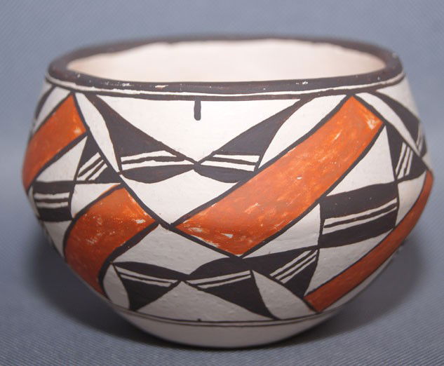 ACOMA POTTERY BOWL: 1970s polychrome design minor rubs signed Lucy M Lewis 3" x 4.25" Shipping charge are for the United States. The shipping on this lot is $10.00. Outside the United States there will be additional ship