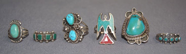 SIX NAVAJO RINGS: 1960s 70s sterling silver and turquoise size 4,5,7 Shipping charge are for the United States. The shipping on this lot is $10.00. Outside the United States there will be additional shipping fees. Unle