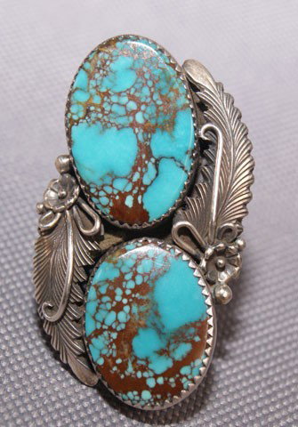 NAVAJO RING: 1980s sterling silver and turquoise signed Peterson Johnson, size 8.5 Shipping charge are for the United States. The shipping on this lot is $10.00. Outside the United States there will be additional 