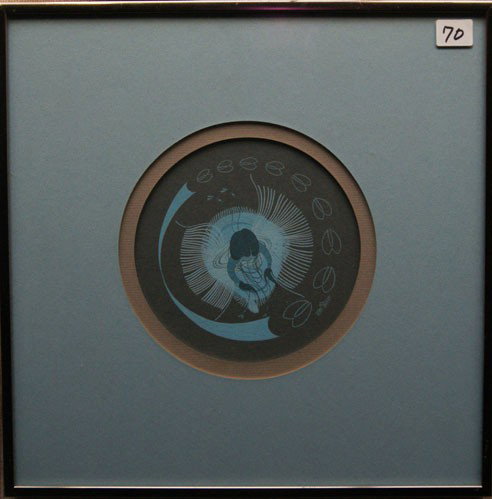 Choctaw/Cherokee watercolor: 1960s 70s original titled Buffalo girl by Jerry Ingram, 5.5" diameter Shipping charge are for the United States. The shipping on this lot is $20.00. Outside the United States there will be additional 