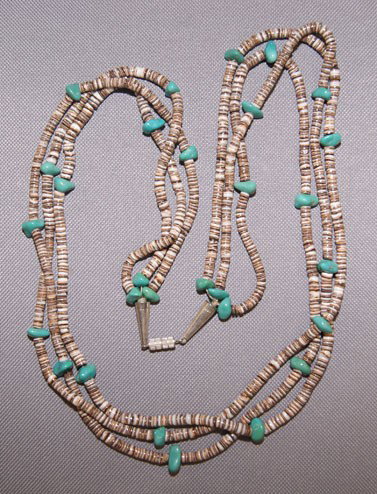 Santo Domingo necklace: 1960s 70s three strands heshi and turquoise nugget, 28" long Shipping charge are for the United States. The shipping on this lot is $10.00. Outside the United States there will be additional shipping 