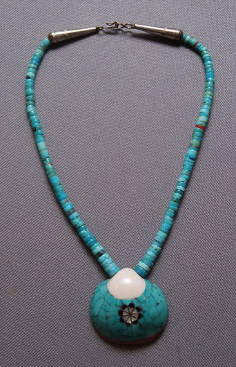 Zuni necklace: 1970s 80s turquoise heshi with overlaid shell, 16" long Shipping charge are for the United States. The shipping on this lot is $10.00. Outside the United States there will be additional shipping fees.