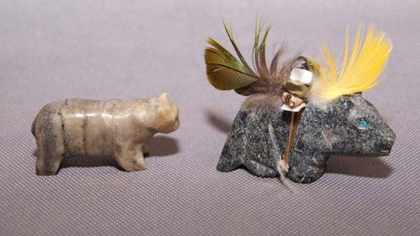 TWO ZUNI/ISLETA FETISHES: 1970s-80s both are bears one has a bundle bear with feathers by Andy and Roberta Abeita .75" x 1.25", 1.25" x 2" Shipping charge are for the United States. The shipping on this lot is $10.00. Outside