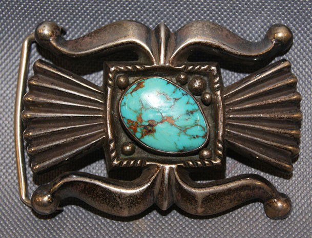 NAVAJO SILVER BUCKLE: 1970s sand cast with turquoise, fits 1.5" belt 1.75 x 2.5" Shipping charge are for the United States. The shipping on this lot is $10.00. Outside the United States there will be additional shipping fe