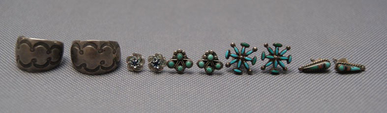 FIVE PAIR NAVAJO EARRINGS: 1970s 80s all are sterling silver, largest pair .75" x .5" Shipping charge are for the United States. The shipping on this lot is $10.00. Outside the United States there will be additional shipping fe