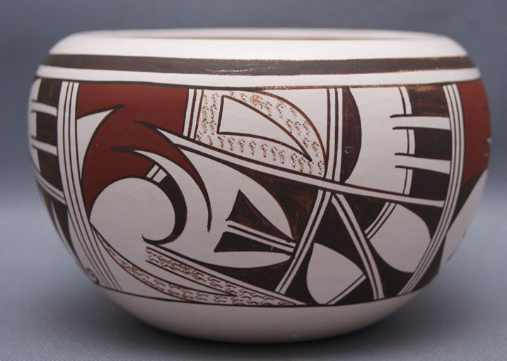 HOPI POTTERY BOWL: 1980s 90s polychrome design with minor scratches signed with frog for Joy Navasie, 3.75" x 6" Shipping charge are for the United States. The shipping on this lot is $10.00. Outside the United States t