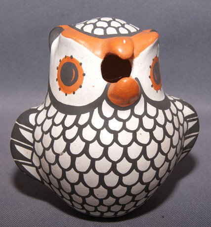 ACOMA POTTERY OWL: 1980s 90s polychrome painted design with chip on beak signed with initials H. A., 5" x 5" x 4" Shipping charge are for the United States. The shipping on this lot is $10.00. Outside the United States 