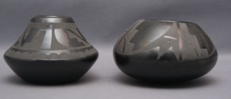 SANTA CLARA AND SAN ILDEFONSO POTTERY: 1980s 90s matte on black with minor surface rubs and scratches, one signed Marie 3.25" x 4.25", other one signed Alice Martinez 3" x 5" Shipping charge are for the United States. The shipping on this