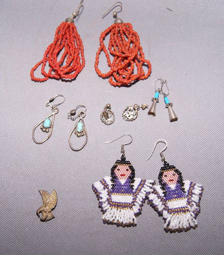COLLECTION OF EARRINGS: 1970s 80s three pair sterling silver one pair of beaded doll, 2" x 1.75" Shipping charge are for the United States. The shipping on this lot is $10.00. Outside the United States there will be addition