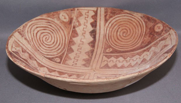 HOHOKAM POTTERY BOWL: prehistoric red on buff design has cracks, plaster and repaint, 3" x 12.25" Shipping charge are for the United States. The shipping on this lot is $20.00. Outside the United States there will be addit