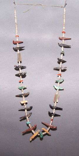 ZUNI FETISH NECKLACE: 1960 heshie with carved birds and abalone beads, 26 " long Shipping charge are for the United States. The shipping on this lot is $10.00. Outside the United States there will be additional shipping fe