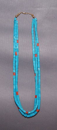 SANTA DOMINGO NECKLACE: 1970s 80s three strands treated turquoise and coral, 24 " long Shipping charge are for the United States. The shipping on this lot is $10.00. Outside the United States there will be additional shippin