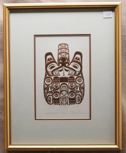 NORTHWEST COAST SILKSCREEN: 1970s with copper paint portraying beaver by Bill Reid, 8.5 x 5.5" Shipping charge are for the United States. The shipping on this lot is $20.00. Outside the United States there will be additional shi